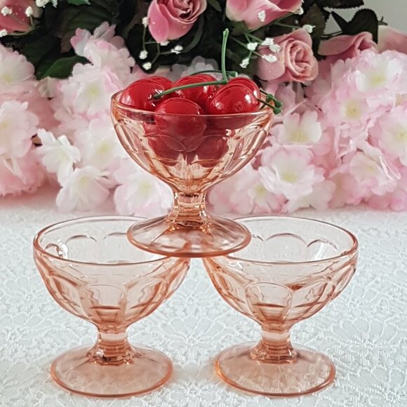 3pc Hazel Atlas Colonial Block Pink Depression Glass Champagne Sherbet Glass - Picture 5 of 9